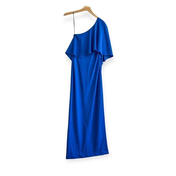 Badgley Mischka One-Shoulder Draped Cape Gown, Blue, Size 0, New with tag - Picture 2 of 14